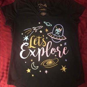 Let’s explore alien glitter stretchy girls shirt